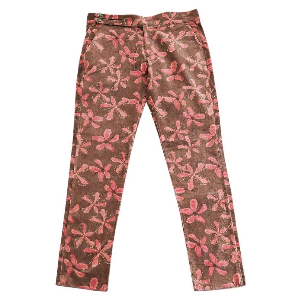 Mens 36 Brown Pink Floral Gurkha Pants Corduroy Flat Front Slim Fit Trousers